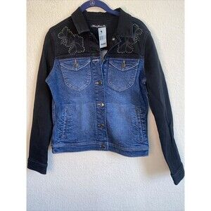 new Mavi Denim stud Floral jean jacket biker moto goth grunge m rock country